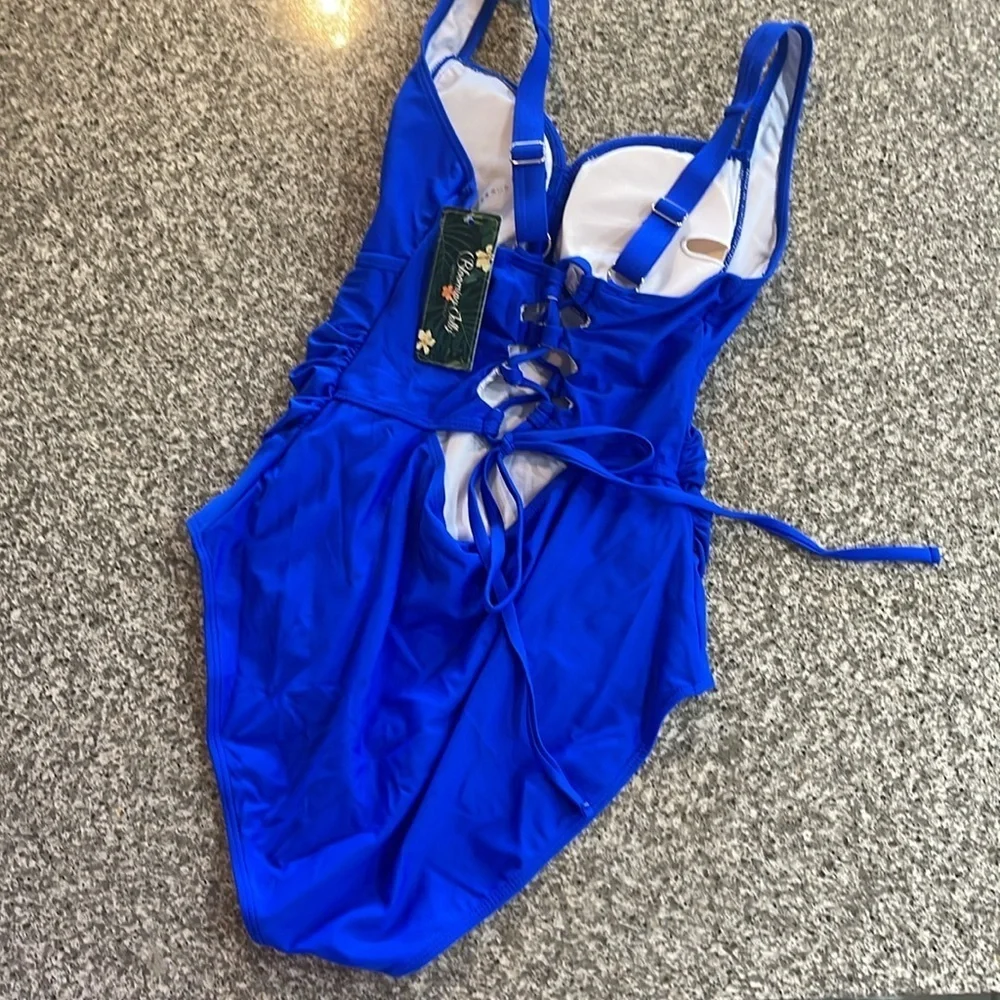 NWT Blooming Jelly ruched waist cinch tie Royal blue swimsuit